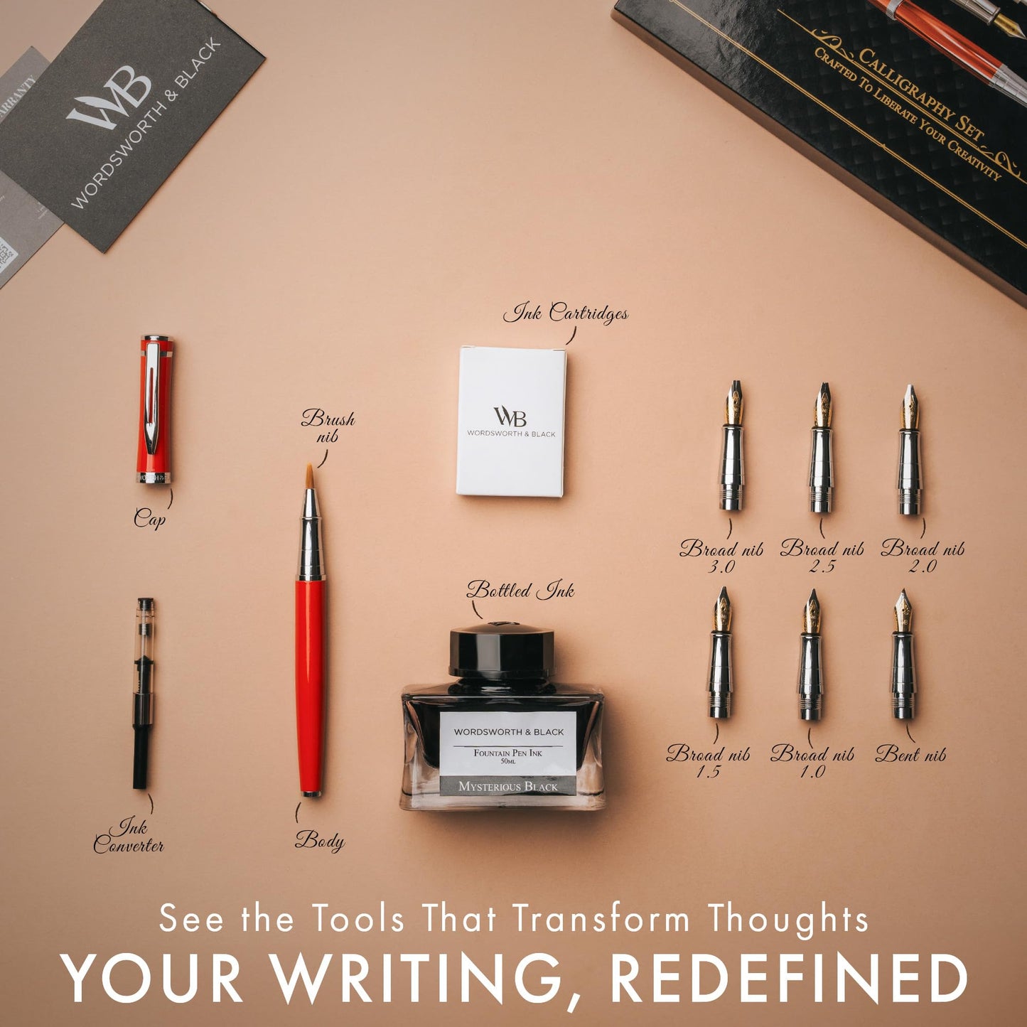 Wordsworth & Black Calligraphy Pen Gift Set, Includes Ink Bottle, 6 Ink Cartridges, Ink Refill Converter, 6 Replacement Nibs, Premium Package, Journaling, Smooth Writing Pens [Black Gold]