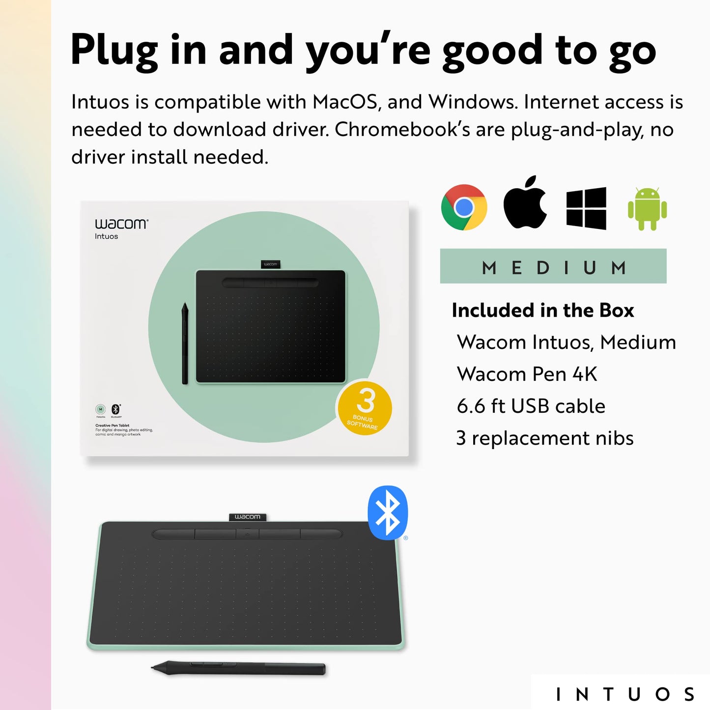 Wacom Intuos Medium Bluetooth Graphics Drawing Tablet, Portable for Teachers, Students and Creators, 4 Customizable ExpressKeys, Compatible with Chromebook Mac OS Android and Windows - Pistachio