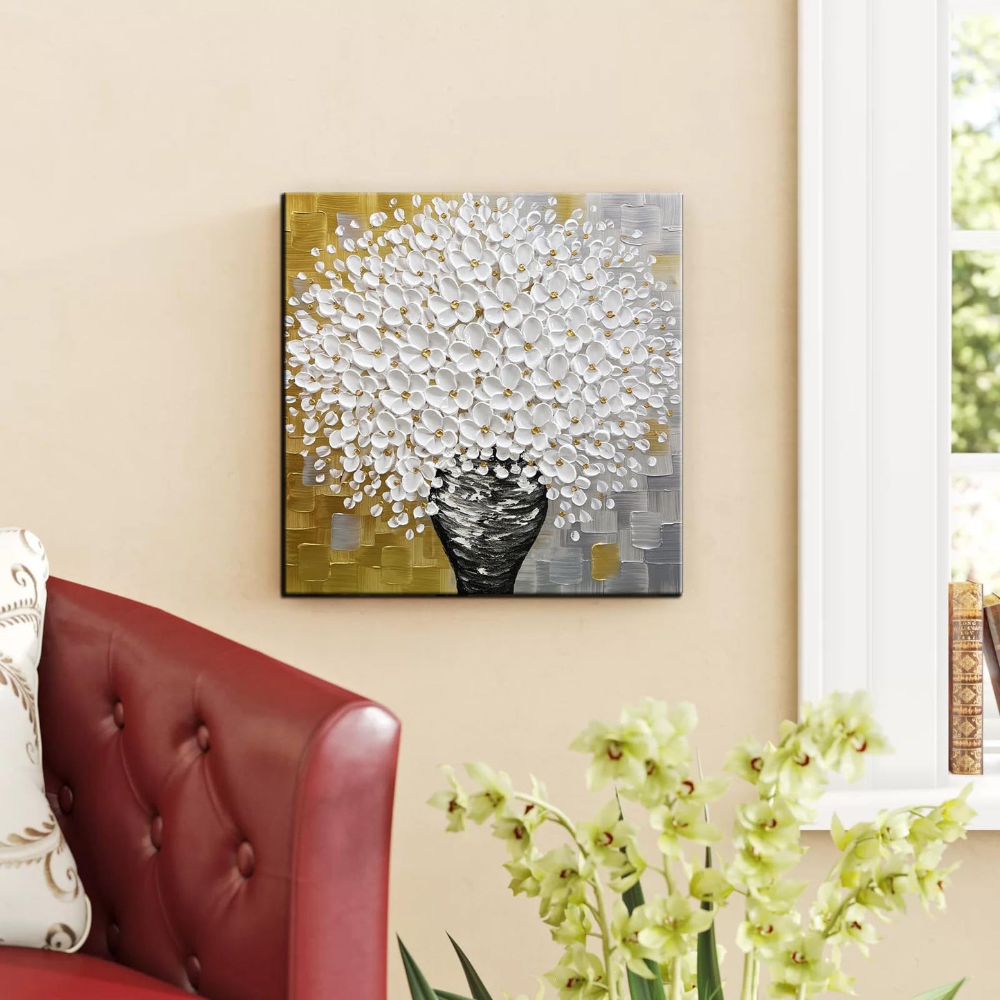 YaSheng Art - hand-painted Oil Painting On Canvas white Flowers Paintings Modern Home Interior Decor Wall Art for living room Abstract Art picture Ready to hang 24x24inch