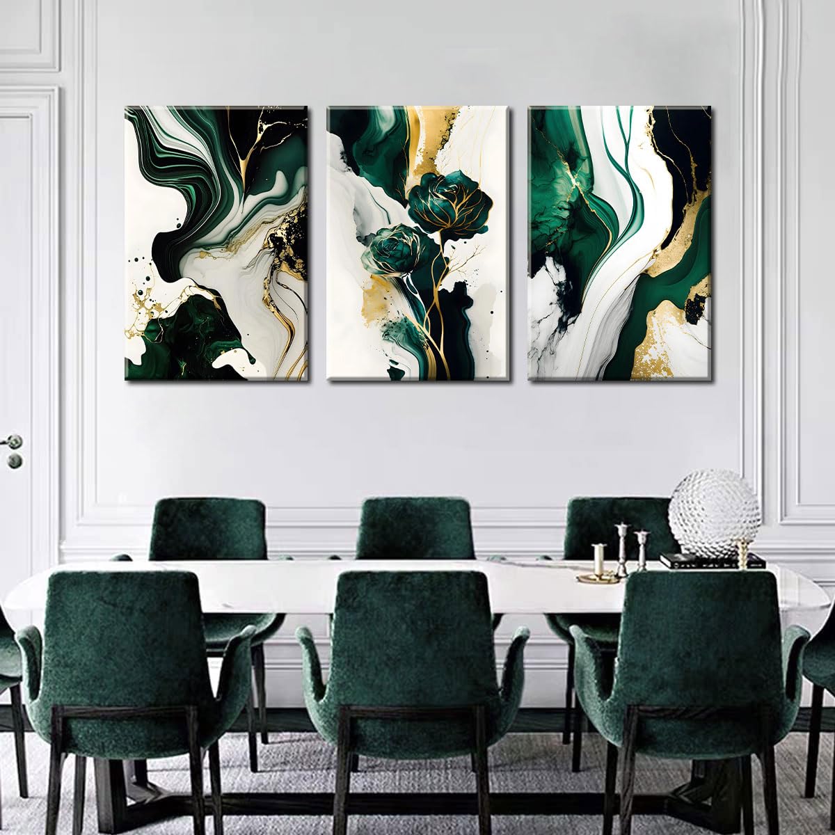 3Pcs Framed Emerald Green Wall Art, Modern Green and Gold Abstract Marble Canvas Wall Art Paintings Prints Posters Wall Decor Pictures for Living Room Bedroom Office Home Decoration, Ready to Hang