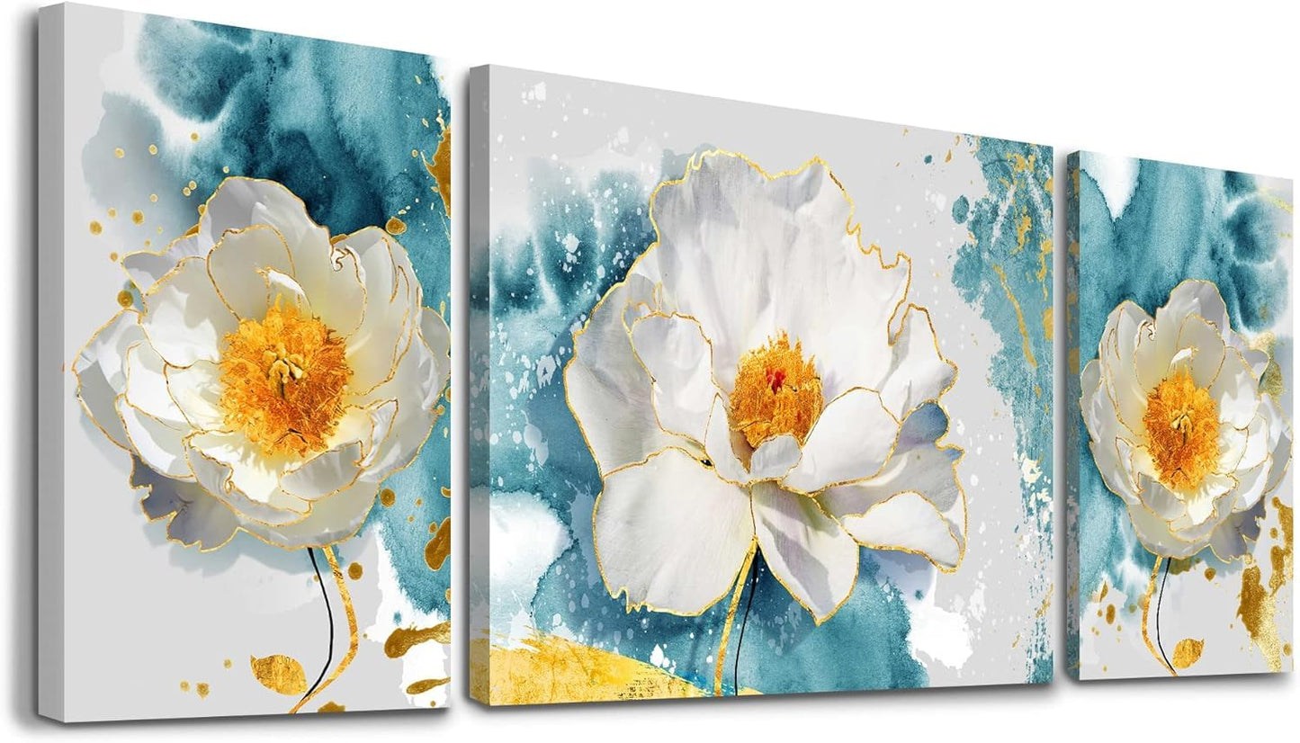 SERIMINO 3 Piece Lotus Flower Canvas Wall Art for Living Room White and Indigo Blue Floral Picture Wall Decor for Dining Room Bedroom Bathroom Kitchen Print Painting for Home Decorations