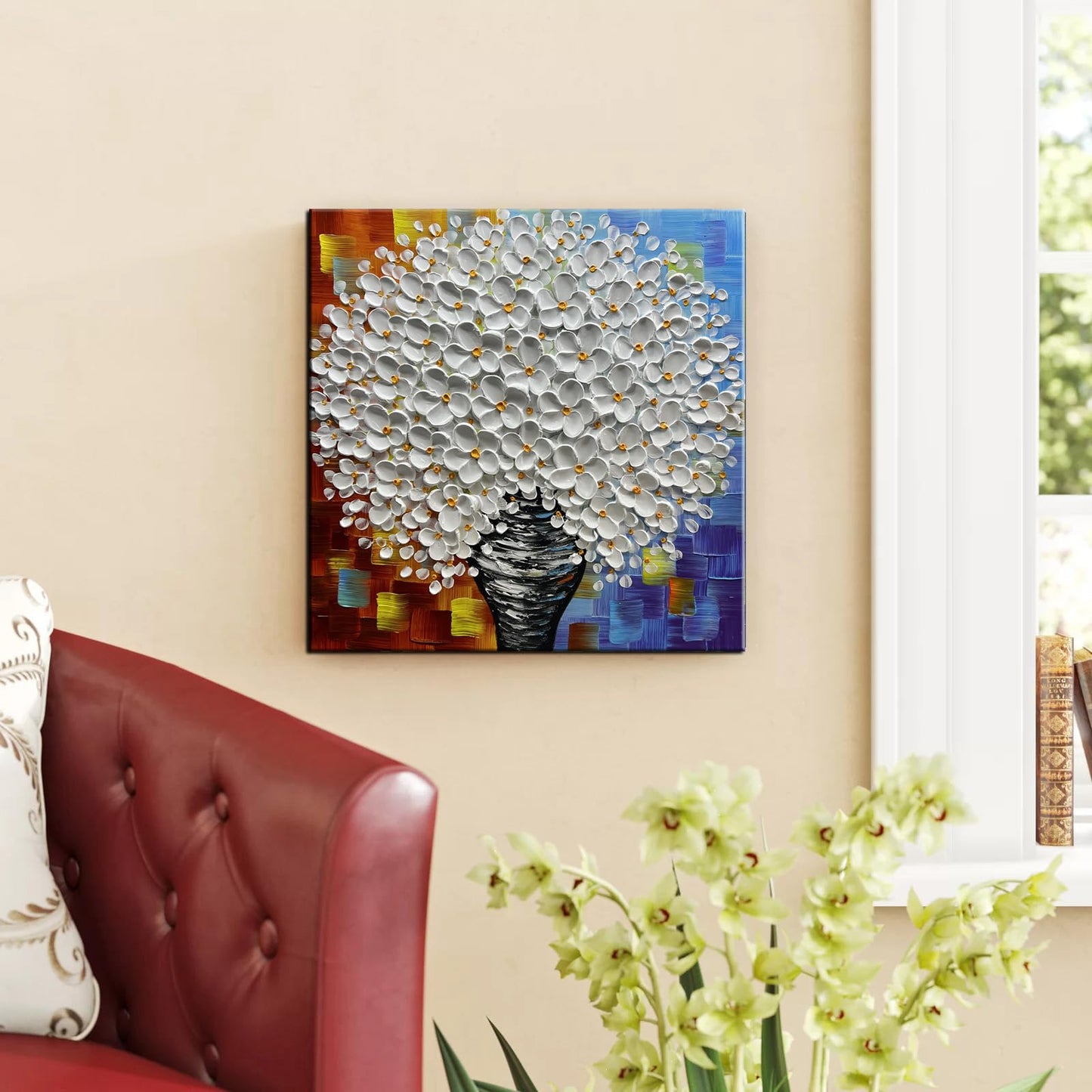 YaSheng Art - hand-painted Oil Painting On Canvas white Flowers Paintings Modern Home Interior Decor Wall Art for living room Abstract Art picture Ready to hang 24x24inch