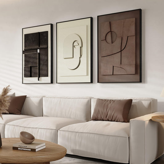 Framed Modern Abstract 3D Textured Wall Art for Living Room, Large 3-Piece Neutral Artwork for Walls, Geometric Brown White Textured Wall Art Sandstone Painting Prints for Bedroom Guest Room Hallway Home Office Decor 16x24 Inch