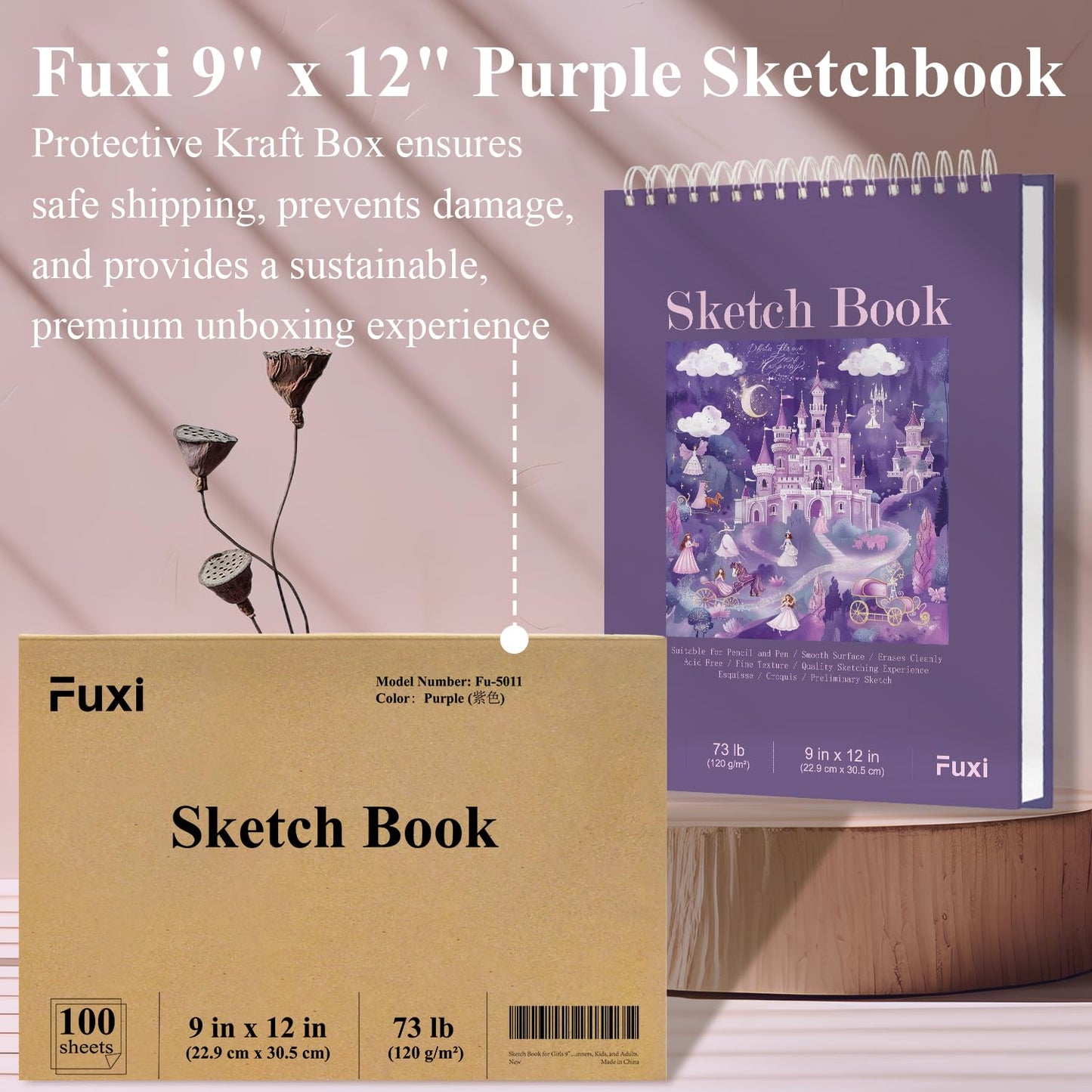 Fuxi 9" x 12" Sketch Book, Top Spiral Bound Sketch Pad, 1 Pack 100-Sheets (68lb/100gsm), Acid Free Art Sketchbook Artistic Drawing Painting Writing Paper for Kids Adults Beginners Artists