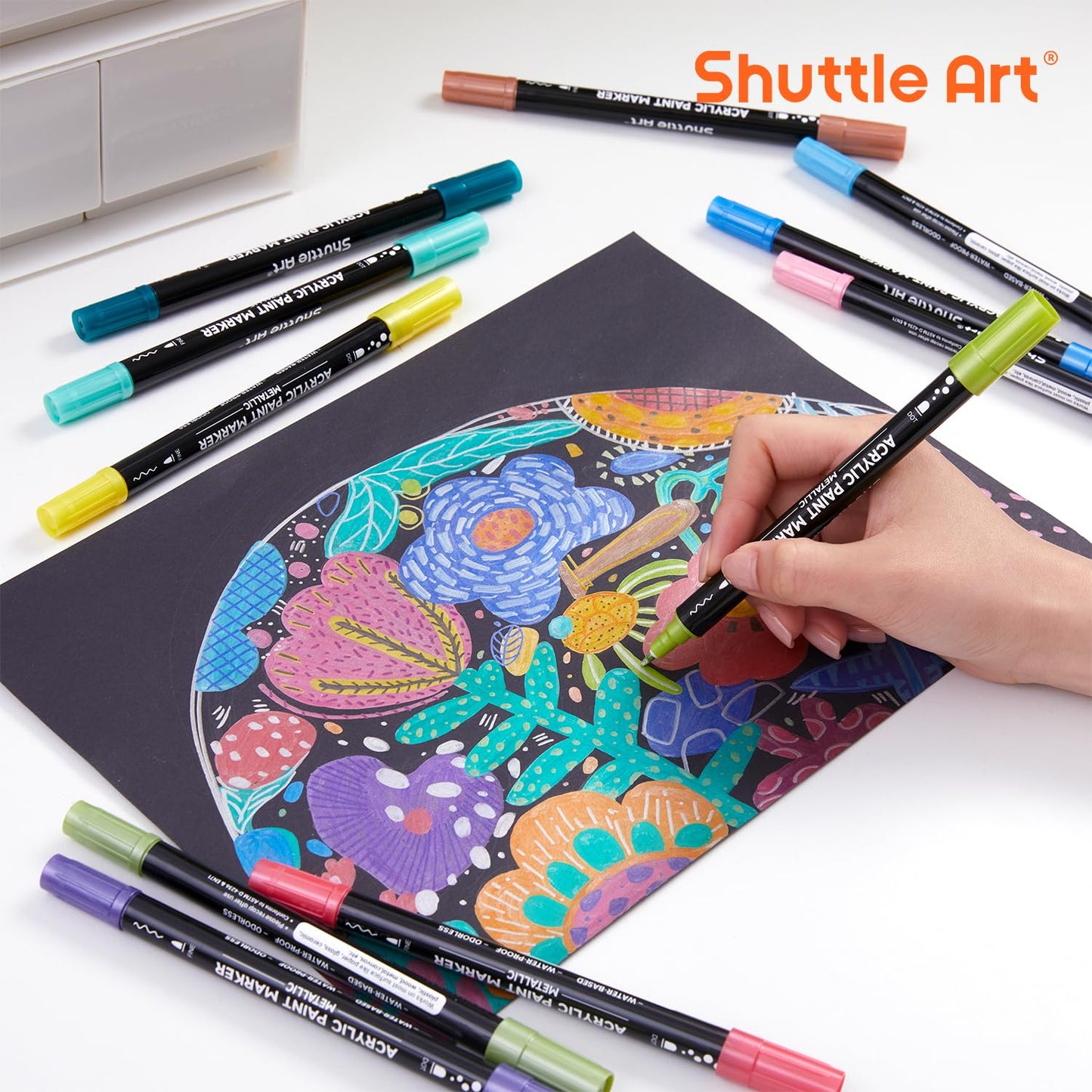 Shuttle Art Automatic Ink Control Acrylic Paint Markers, 60 Colors Brush Tip Acrylic Paint Pens for Rock Painting, Ceramic, Wood, Canvas, Glass, Stone, Fabric, Card Making, DIY & Art Supplies