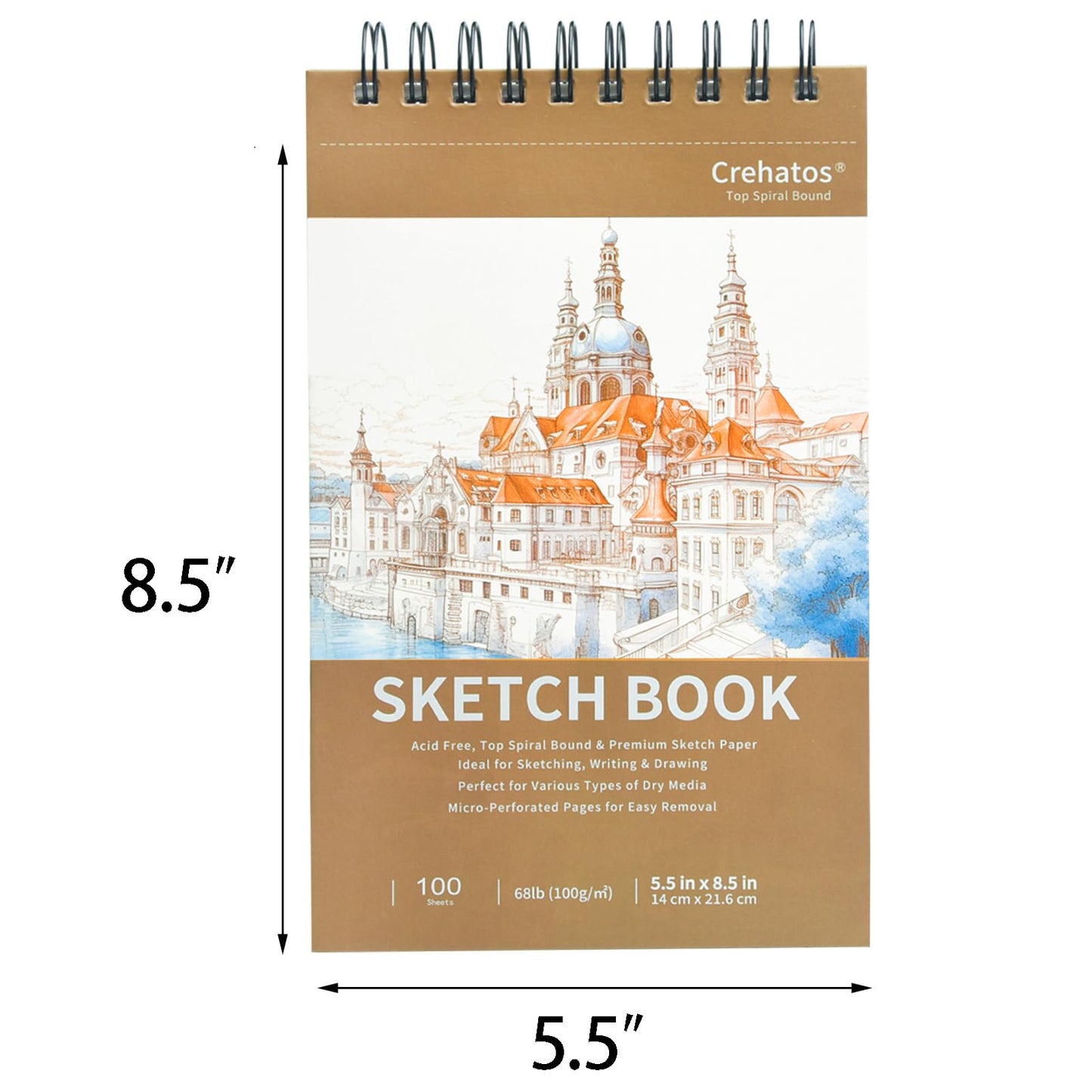 Crehatos 5.5" x 8.5" Sketch Book, Top Spiral Bound Sketch Pad, 100 Sheets Each 68lb/100gsm Drawing Paper, 2 Pack