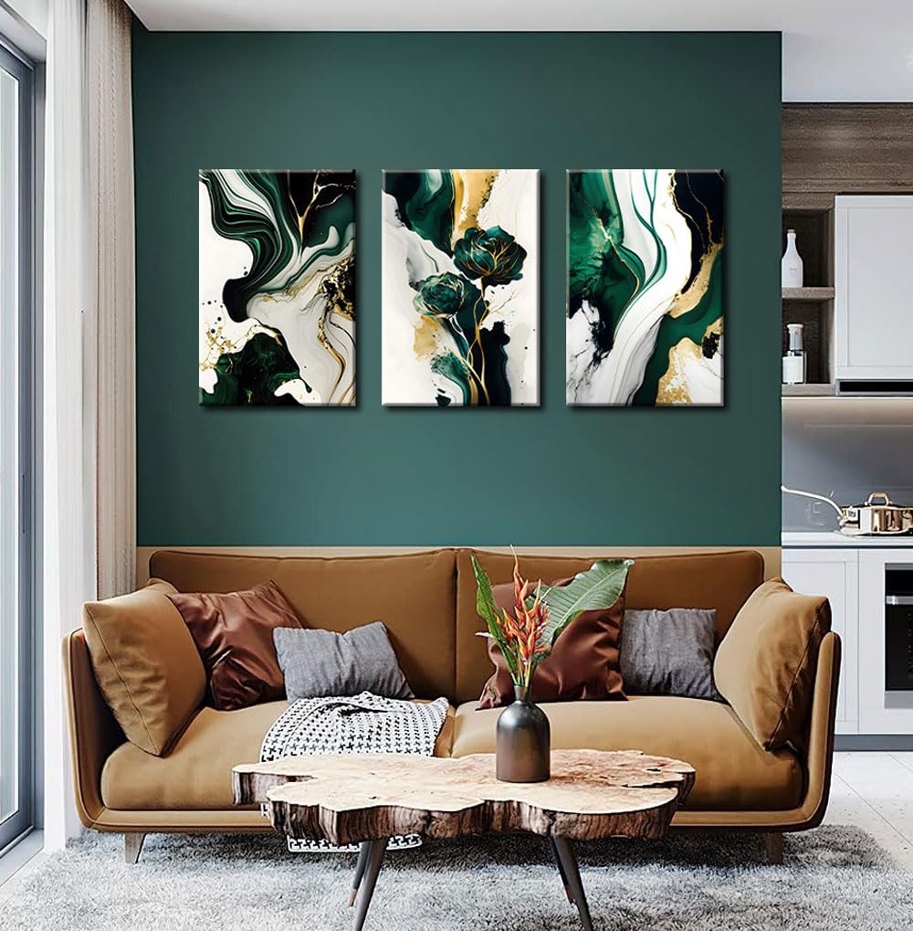 3Pcs Framed Emerald Green Wall Art, Modern Green and Gold Abstract Marble Canvas Wall Art Paintings Prints Posters Wall Decor Pictures for Living Room Bedroom Office Home Decoration, Ready to Hang