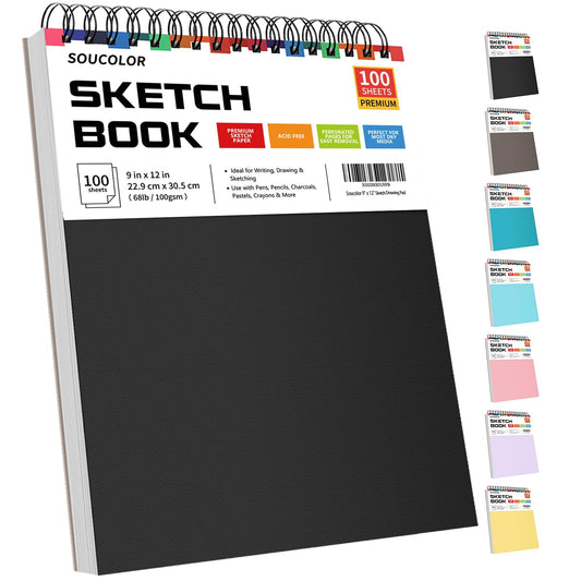 Soucolor 9" x 12" Sketch Book, 1-Pack 100 Sheets Spiral Bound Art Sketchbook, (68lb/100gsm) Acid Free Artist Drawing Book Paper Painting Sketching Pad for Kids Students Adults Beginners