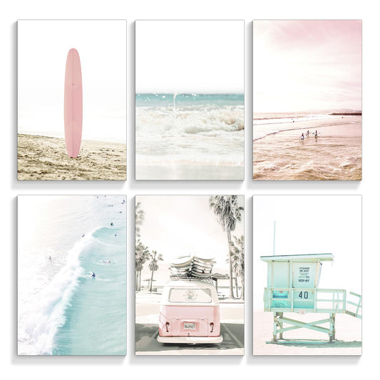 mifyuibytr Set of 6 Beach Canvas Wall Art, 12x16in Tropical Summer Ocean Coastal Posters, Preppy Gallery Beach Prints, Girly Nautical Surfboard Bus Room Decor, California Beachy Pictures Unframed