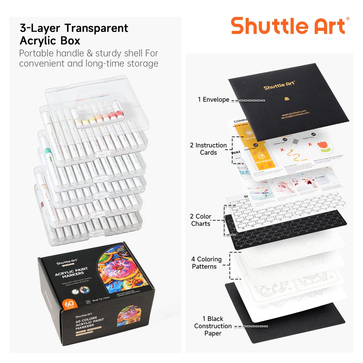 Shuttle Art Automatic Ink Control Acrylic Paint Markers, 60 Colors Brush Tip Acrylic Paint Pens for Rock Painting, Ceramic, Wood, Canvas, Glass, Stone, Fabric, Card Making, DIY & Art Supplies