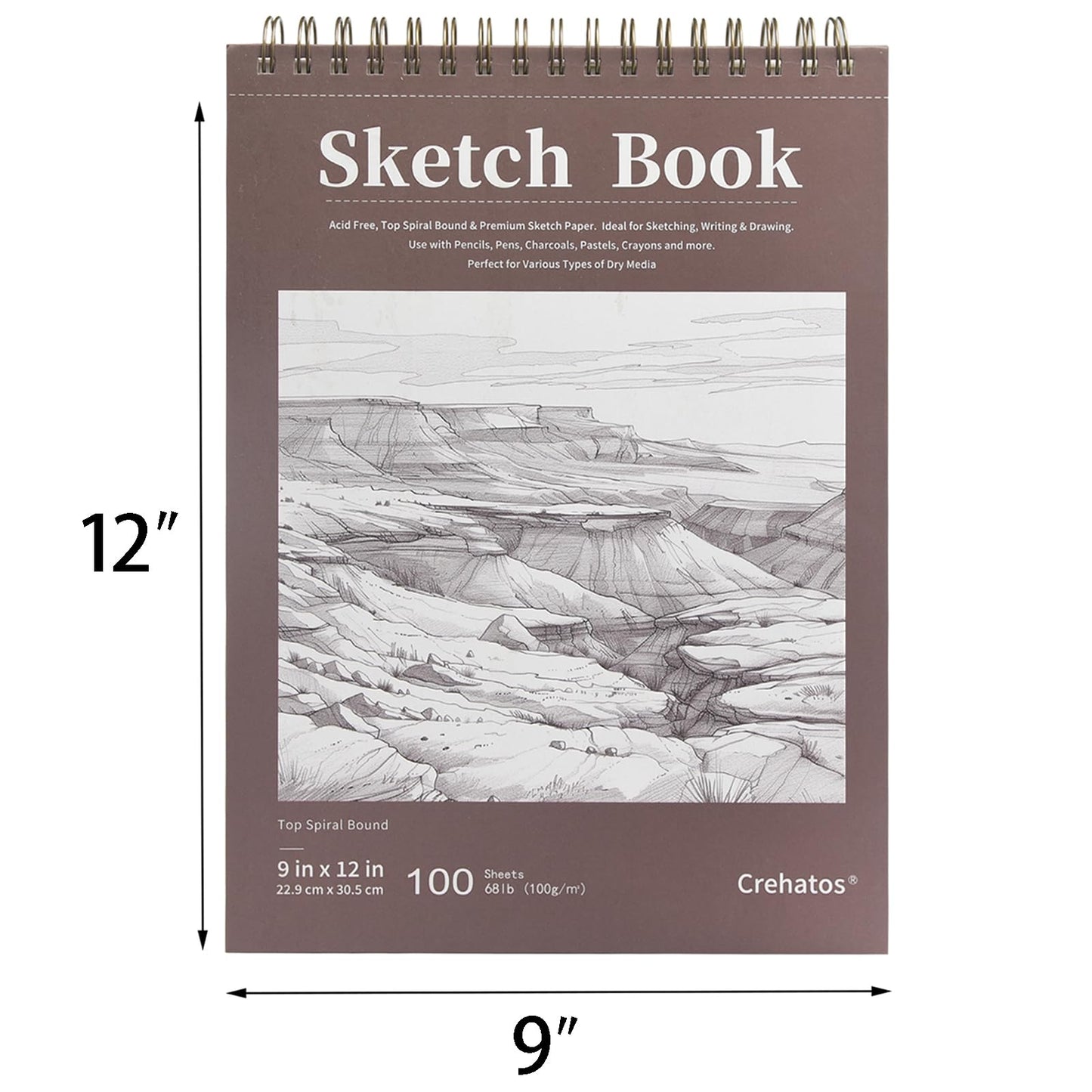 Crehatos 9" x 12" Sketch Book, Top Spiral Bound Sketch Pad, 100 Sheets 68lb/100gsm Drawing Paper, 1 Pack