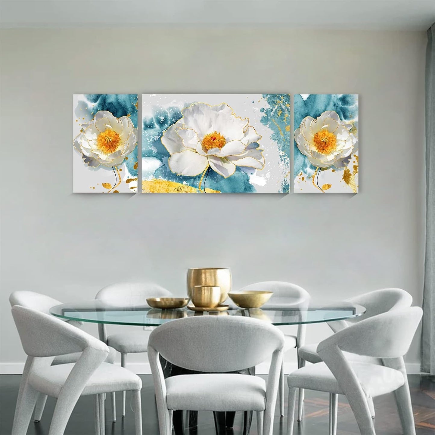 SERIMINO 3 Piece Lotus Flower Canvas Wall Art for Living Room White and Indigo Blue Floral Picture Wall Decor for Dining Room Bedroom Bathroom Kitchen Print Painting for Home Decorations