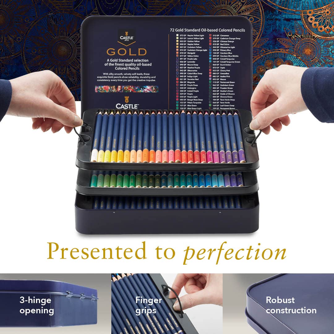 Castle Art Supplies Gold Standard 120 Colouring Pencils Set | Quality Oil-based Coloured Cores Stay Sharper, Tougher Against Breakage | For Adult Artists, Colourists | In Presentation Tin Box