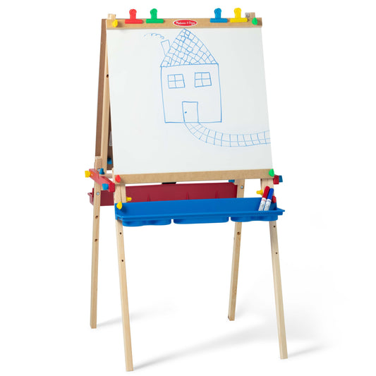 Melissa & Doug Deluxe Standing Art Easel - Dry-Erase Board, Chalkboard, Paper Roller - FSC Certified, 27"D x 26"W x 47"H