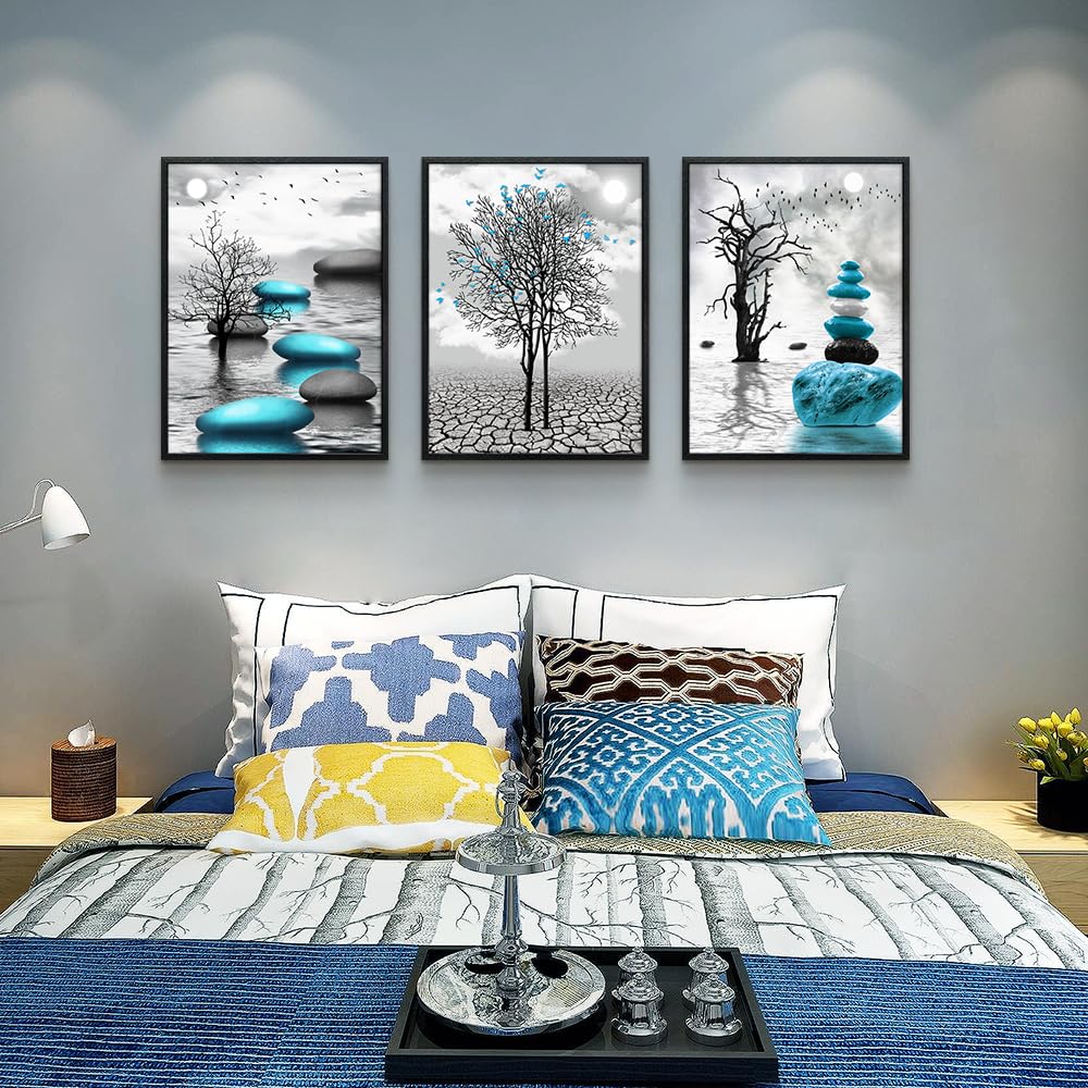 Canvas Wall Art for Living Room Wall Decor for Bedroom Bathroom Black and White Paintings Modern 3 Piece Framed Canvas Art Prints Ready to Hang Inspirational Abstract Blue Pictures Home Decorations