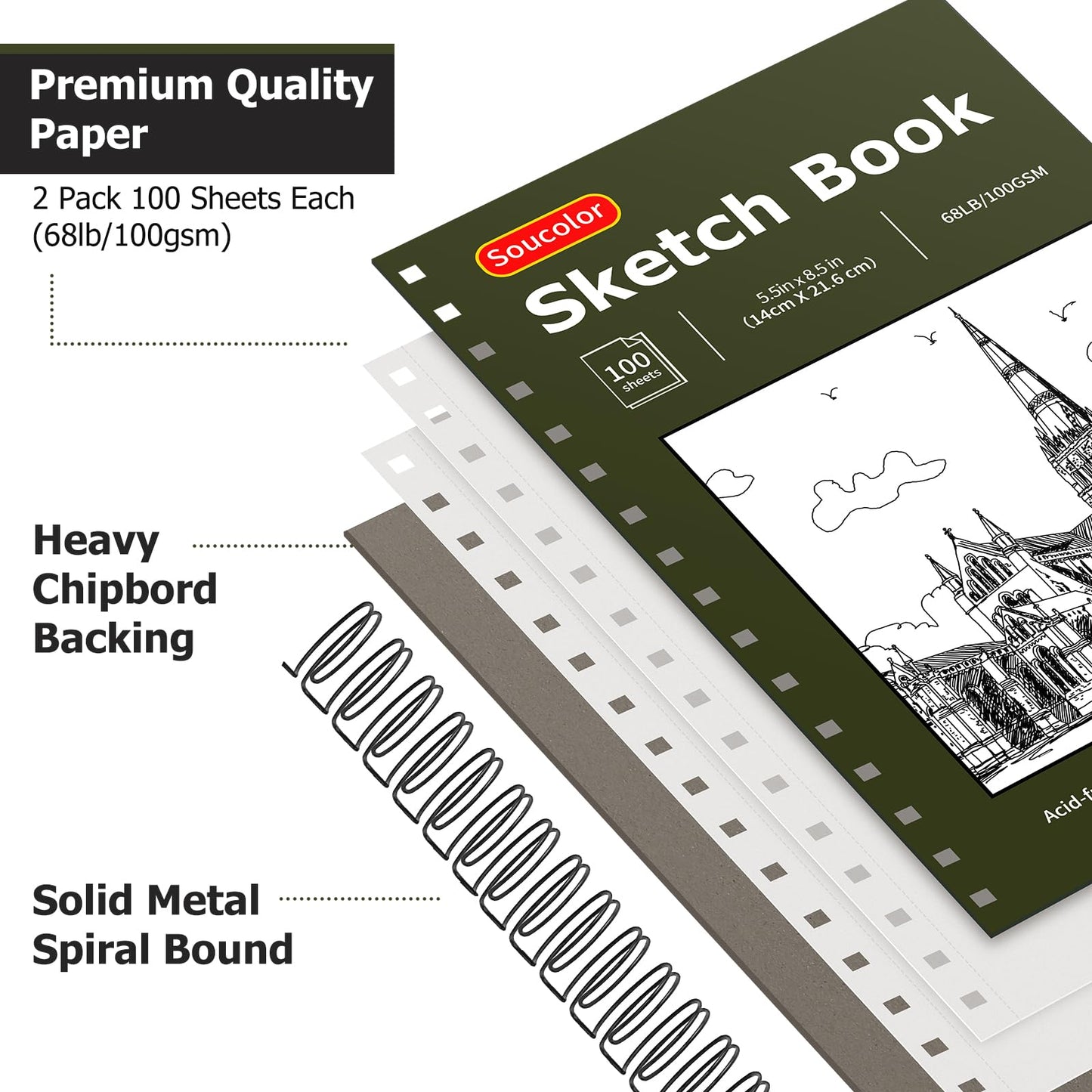 Soucolor 9" x 12" Sketch Book, 1-Pack 100 Sheets Spiral Bound Art Sketchbook, (68lb/100gsm) Acid Free Artist Drawing Book Paper Painting Sketching Pad for Kids Students Adults Beginners