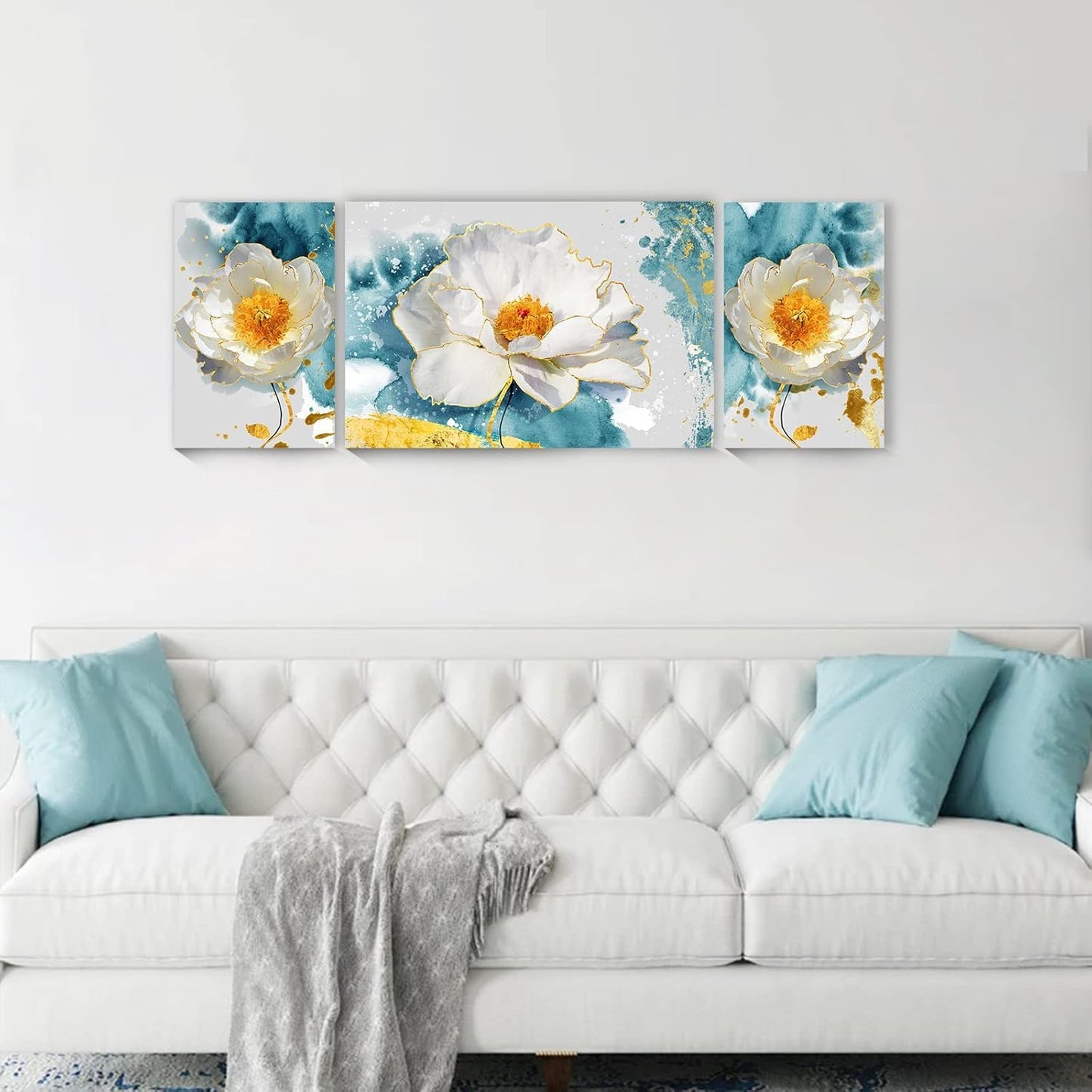 SERIMINO 3 Piece Lotus Flower Canvas Wall Art for Living Room White and Indigo Blue Floral Picture Wall Decor for Dining Room Bedroom Bathroom Kitchen Print Painting for Home Decorations