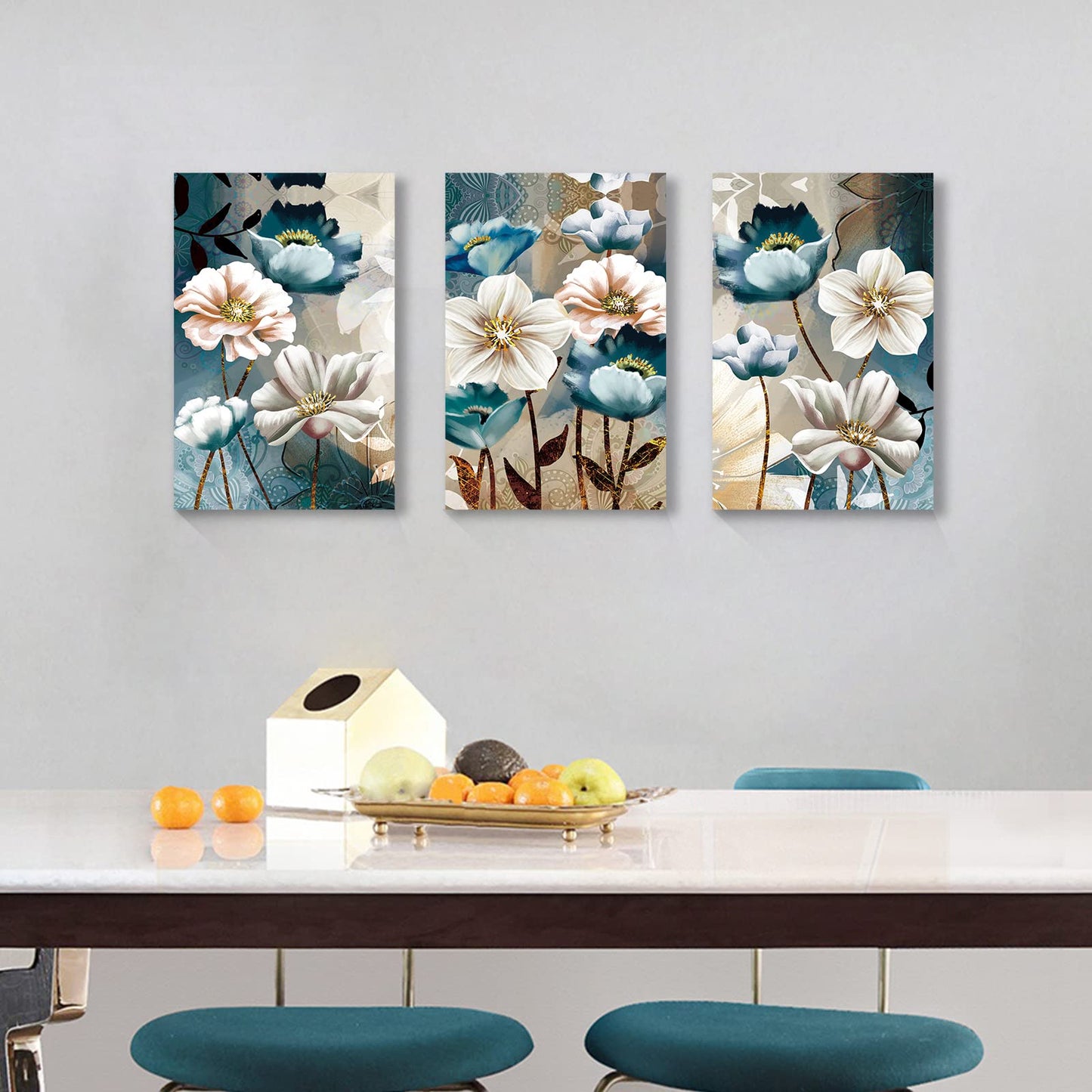 SERIMINO 3 Piece Lotus Flower Canvas Wall Art for Living Room White and Indigo Blue Floral Picture Wall Decor for Dining Room Bedroom Bathroom Kitchen Print Painting for Home Decorations