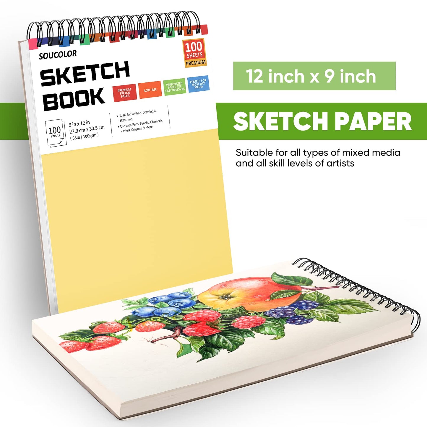 Soucolor 9" x 12" Sketch Book, 1-Pack 100 Sheets Spiral Bound Art Sketchbook, (68lb/100gsm) Acid Free Artist Drawing Book Paper Painting Sketching Pad for Kids Students Adults Beginners