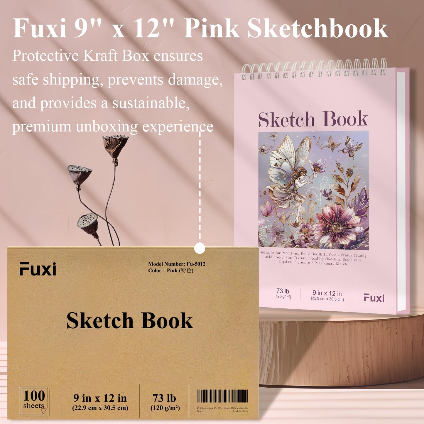 Fuxi 9" x 12" Sketch Book, Top Spiral Bound Sketch Pad, 1 Pack 100-Sheets (68lb/100gsm), Acid Free Art Sketchbook Artistic Drawing Painting Writing Paper for Kids Adults Beginners Artists