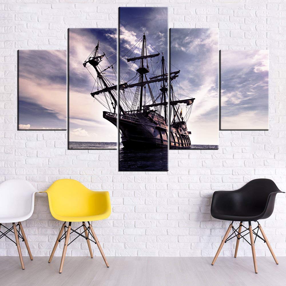 Norse Decor Black and White Painting Vikings Ship Artwork Fantasy Sailing Boat Pictures for Living Room Home 5 Panel Dragon Canvas Wall Art Modern Framed Ready to Hang Posters and Prints(60''Wx32''H)