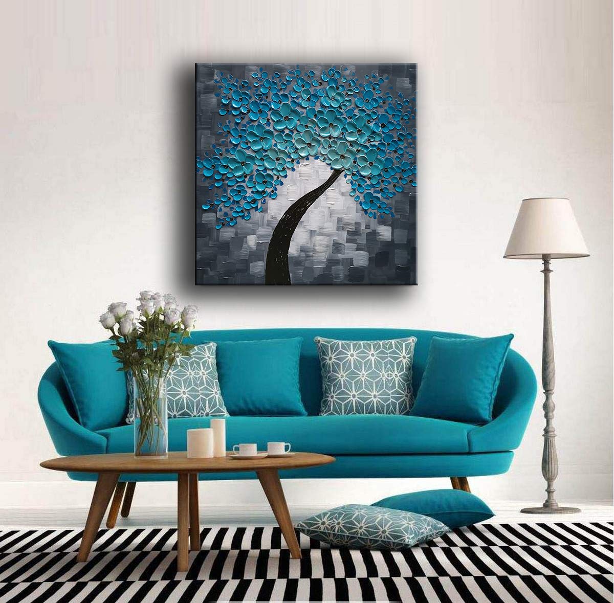 YaSheng Art - hand-painted Oil Painting On Canvas white Flowers Paintings Modern Home Interior Decor Wall Art for living room Abstract Art picture Ready to hang 24x24inch