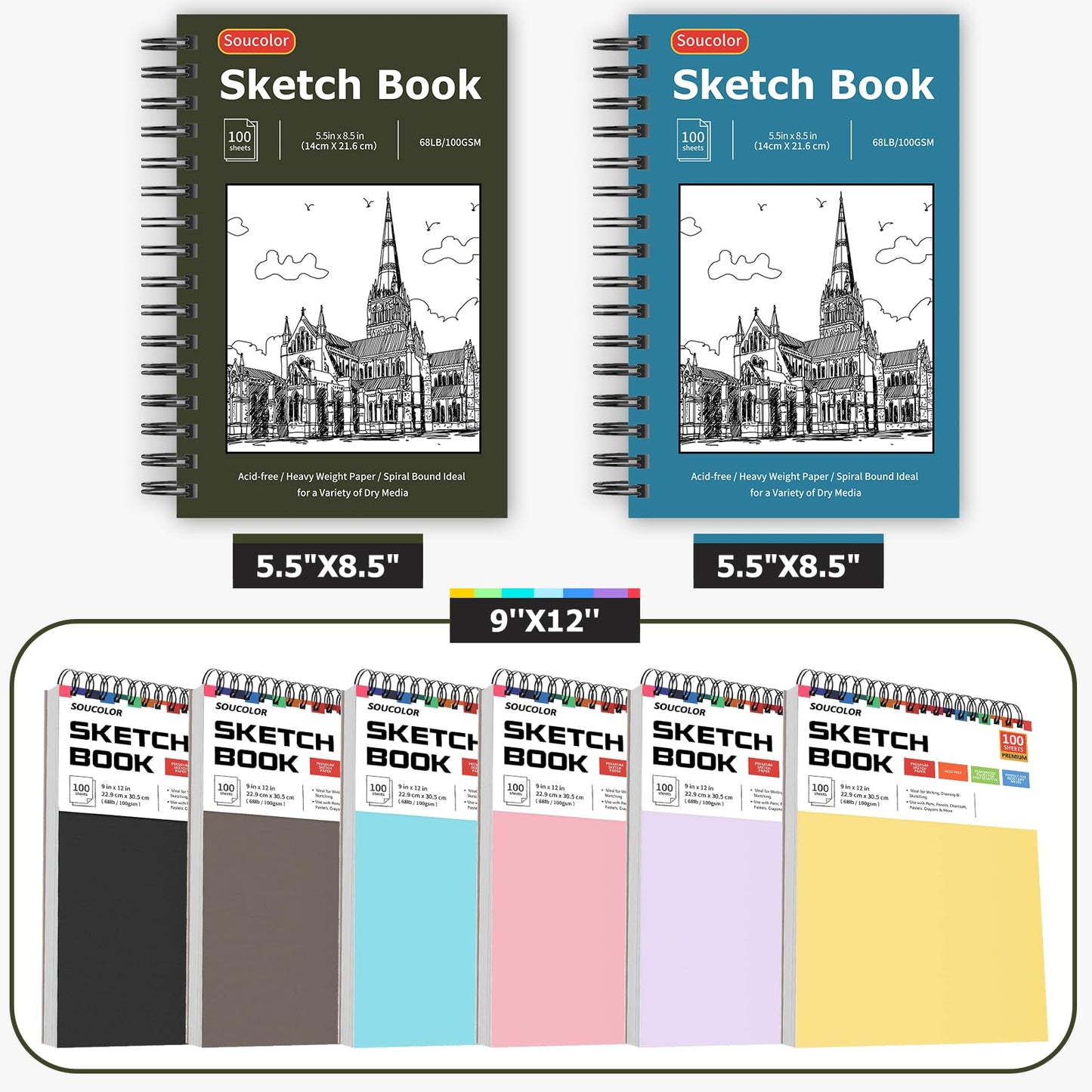 Soucolor 9" x 12" Sketch Book, 1-Pack 100 Sheets Spiral Bound Art Sketchbook, (68lb/100gsm) Acid Free Artist Drawing Book Paper Painting Sketching Pad for Kids Students Adults Beginners