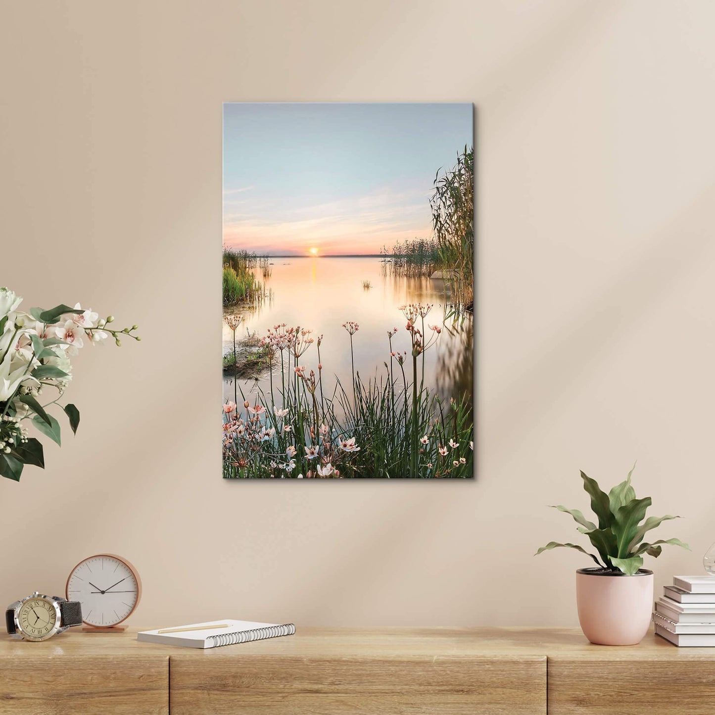 Lake Canvas Wall Art Picture: Sunset Landscape Painting Print Artwork Vertical Nature Scenery Decor for Living Room Bedroom