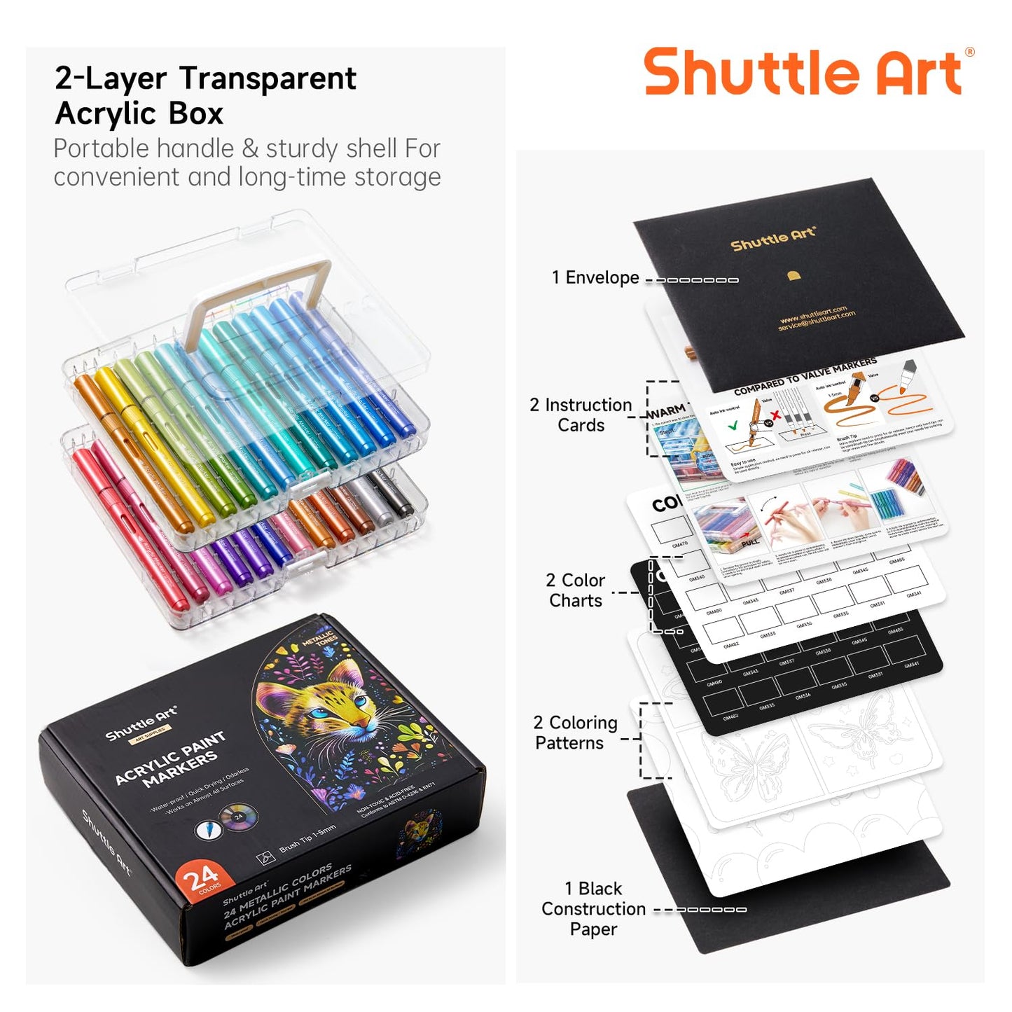 Shuttle Art Automatic Ink Control Acrylic Paint Markers, 60 Colors Brush Tip Acrylic Paint Pens for Rock Painting, Ceramic, Wood, Canvas, Glass, Stone, Fabric, Card Making, DIY & Art Supplies