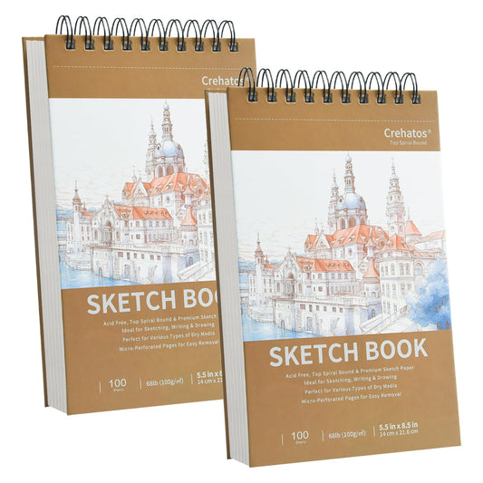 Crehatos 5.5" x 8.5" Sketch Book, Top Spiral Bound Sketch Pad, 100 Sheets Each 68lb/100gsm Drawing Paper, 2 Pack