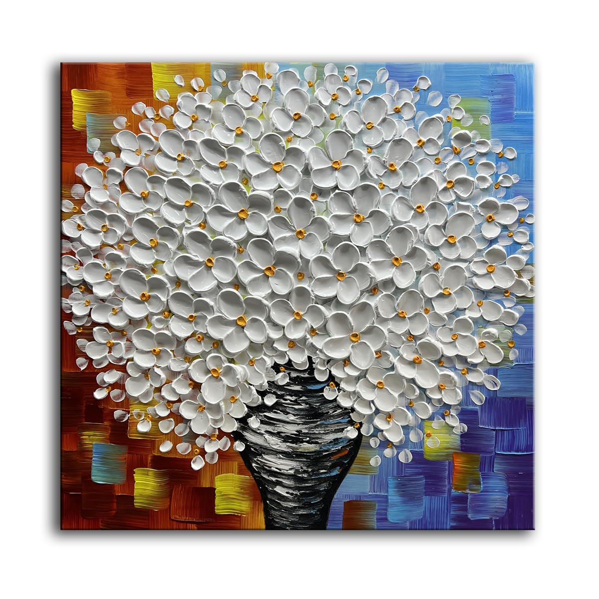 YaSheng Art - hand-painted Oil Painting On Canvas white Flowers Paintings Modern Home Interior Decor Wall Art for living room Abstract Art picture Ready to hang 24x24inch