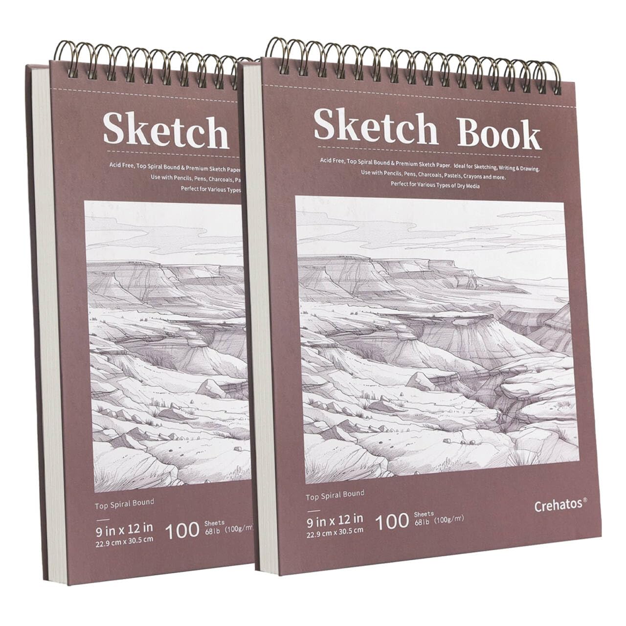 Crehatos 9" x 12" Sketch Book, Top Spiral Bound Sketch Pad, 100 Sheets 68lb/100gsm Drawing Paper, 1 Pack