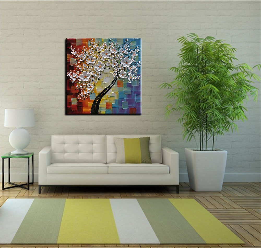 YaSheng Art - hand-painted Oil Painting On Canvas white Flowers Paintings Modern Home Interior Decor Wall Art for living room Abstract Art picture Ready to hang 24x24inch