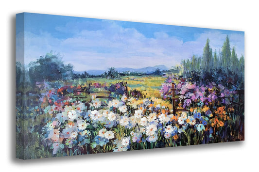 Acocifi Wildflower Canvas Wall Art Large Landscape Picture Textured Painting Rustic Scenery Colorful Daisy Painting Artwork Framed for Living Room Bedroom Bathroom Kitchen Office Home Decor 40"x20"