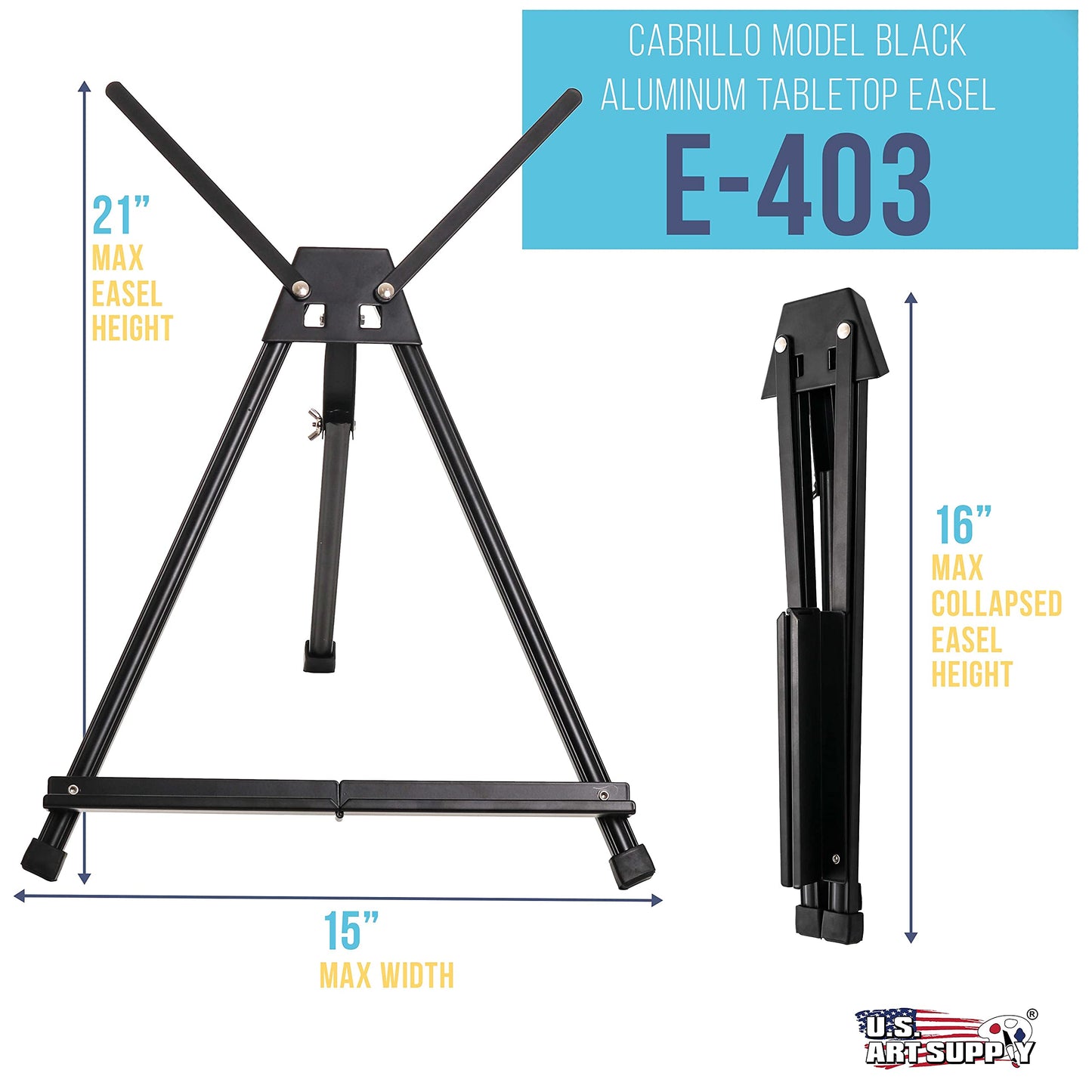 U.S. Art Supply 15" to 21" High Adjustable Black Aluminum Tabletop Display Easel with Extension Arm Wings - Portable Artist Tripod Folding Frame Stand - Holds Canvas, Paintings, Books, Photos, Signs