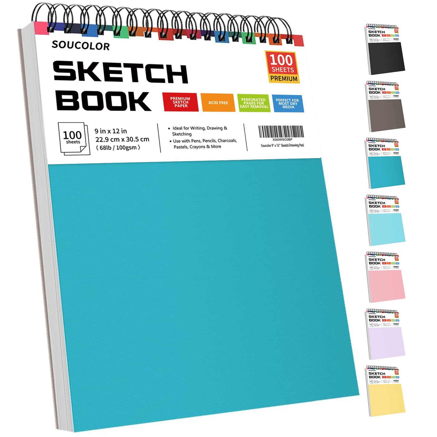 Soucolor 9" x 12" Sketch Book, 1-Pack 100 Sheets Spiral Bound Art Sketchbook, (68lb/100gsm) Acid Free Artist Drawing Book Paper Painting Sketching Pad for Kids Students Adults Beginners