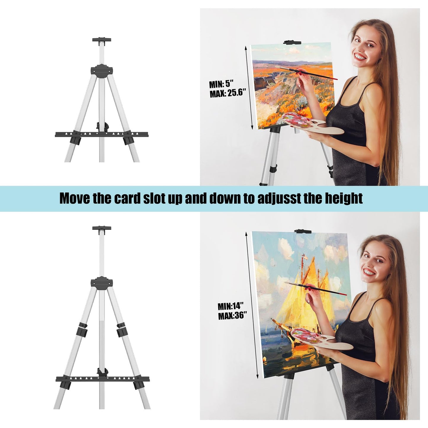 Art Painting Artist Easel Stand, Portable Adjustable Aluminum Metal Tripod Display Easel with Bag, Height from 17 to 66 inch for Table-Top/Floor Drawing and Displaying, Black