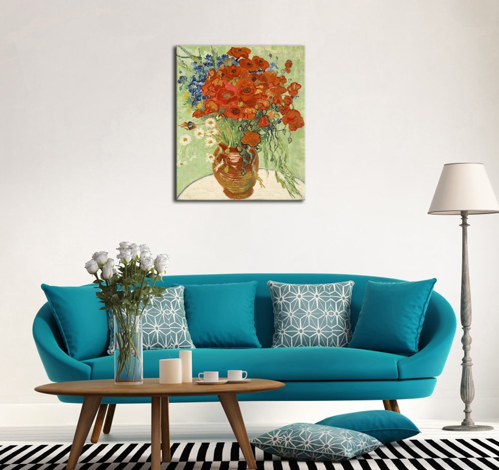 Wieco Art Framed Art Red Poppies and Daisies Canvas Prints Wall Art of Van Gogh Famous Floral Paintings Reproduction Abstract HD Classical Flowers Pictures Artwork