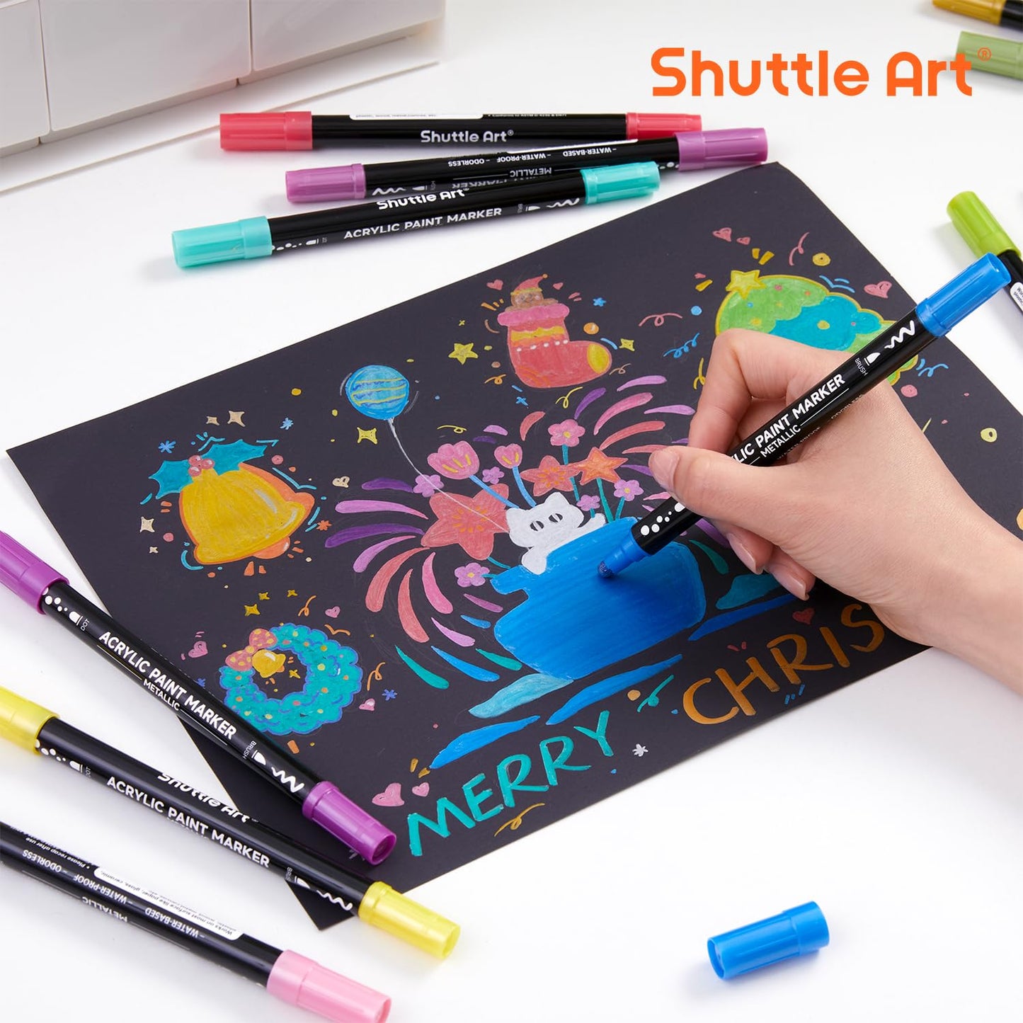 Shuttle Art Automatic Ink Control Acrylic Paint Markers, 60 Colors Brush Tip Acrylic Paint Pens for Rock Painting, Ceramic, Wood, Canvas, Glass, Stone, Fabric, Card Making, DIY & Art Supplies