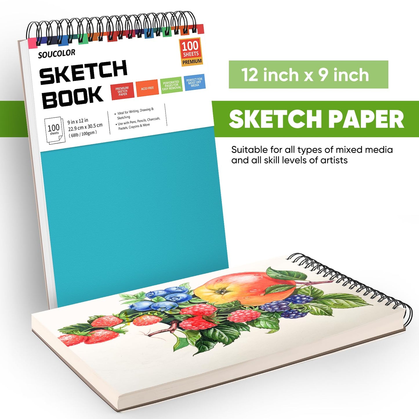 Soucolor 9" x 12" Sketch Book, 1-Pack 100 Sheets Spiral Bound Art Sketchbook, (68lb/100gsm) Acid Free Artist Drawing Book Paper Painting Sketching Pad for Kids Students Adults Beginners