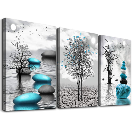 Canvas Wall Art for Living Room Wall Decor for Bedroom Bathroom Black and White Paintings Modern 3 Piece Framed Canvas Art Prints Ready to Hang Inspirational Abstract Blue Pictures Home Decorations