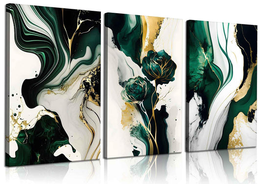 3Pcs Framed Emerald Green Wall Art, Modern Green and Gold Abstract Marble Canvas Wall Art Paintings Prints Posters Wall Decor Pictures for Living Room Bedroom Office Home Decoration, Ready to Hang