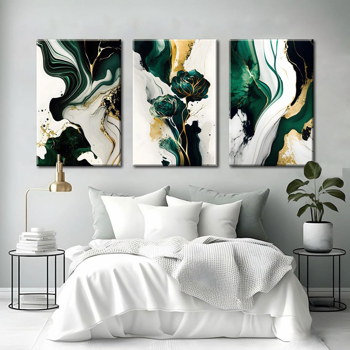 3Pcs Framed Emerald Green Wall Art, Modern Green and Gold Abstract Marble Canvas Wall Art Paintings Prints Posters Wall Decor Pictures for Living Room Bedroom Office Home Decoration, Ready to Hang