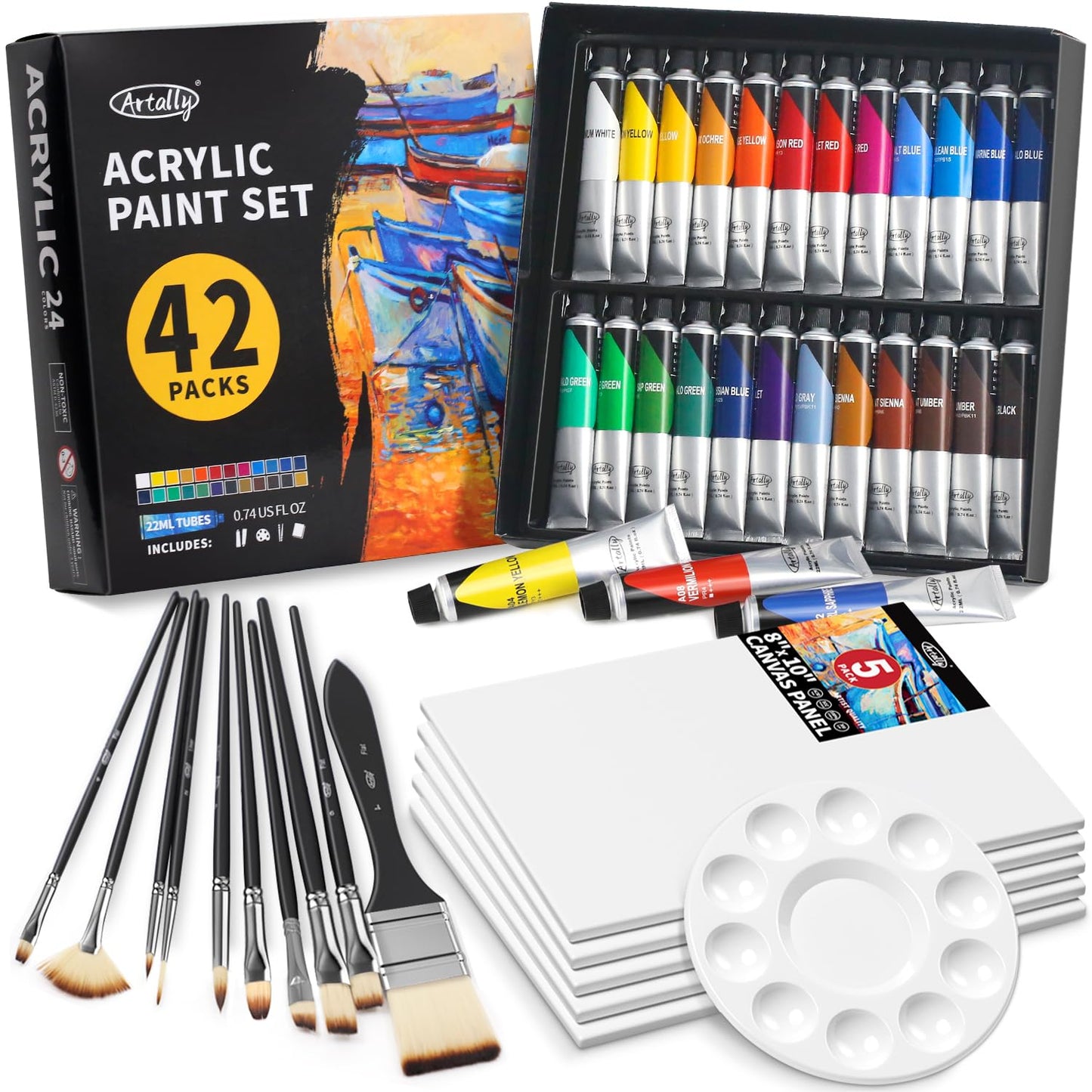 ARTALLY Acrylic Paint Set for Adults & Kids, 62 Pcs Canvas Painting Kits, 32 Colors Acrylic Paint (22ML),Table Easel,Brushes,Canvas, Art Painting Supplies Kit for Students,Artists,Beginners