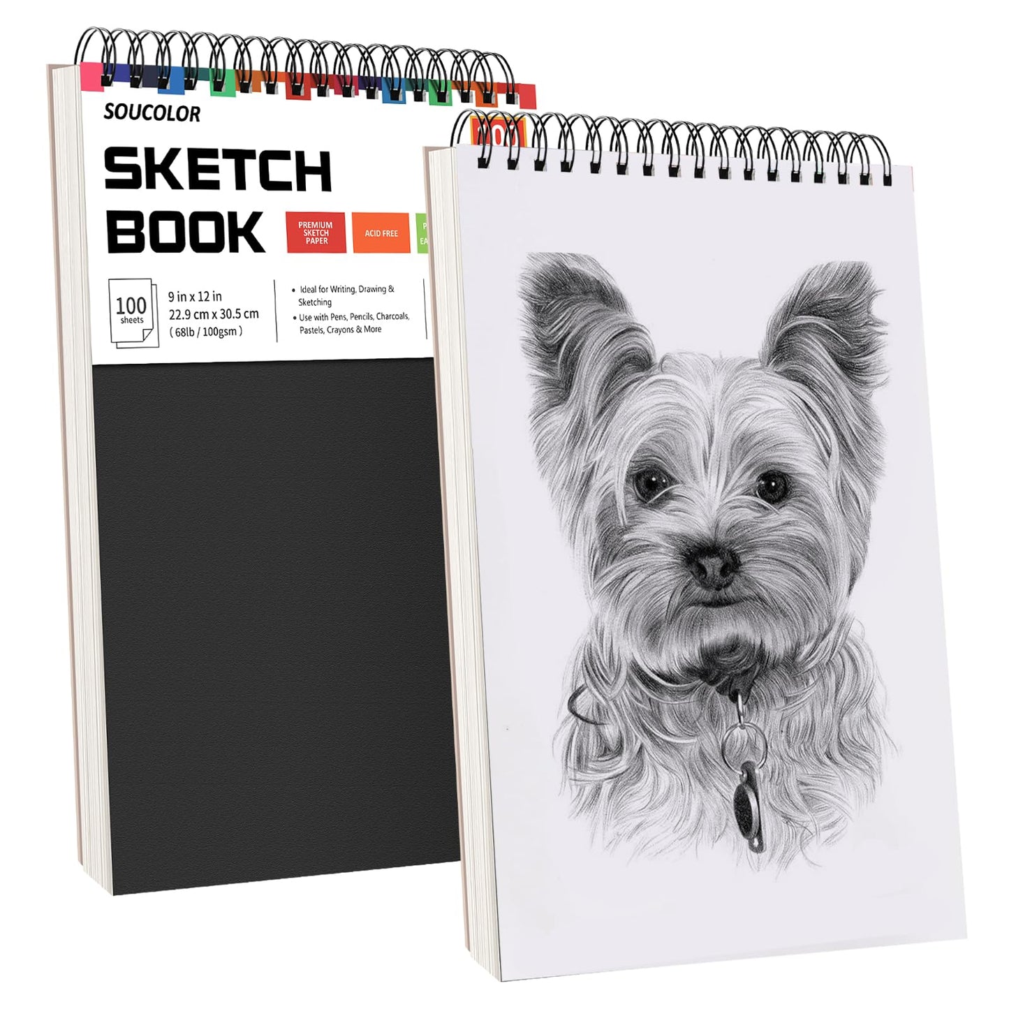 Soucolor 9" x 12" Sketch Book, 1-Pack 100 Sheets Spiral Bound Art Sketchbook, (68lb/100gsm) Acid Free Artist Drawing Book Paper Painting Sketching Pad for Kids Students Adults Beginners