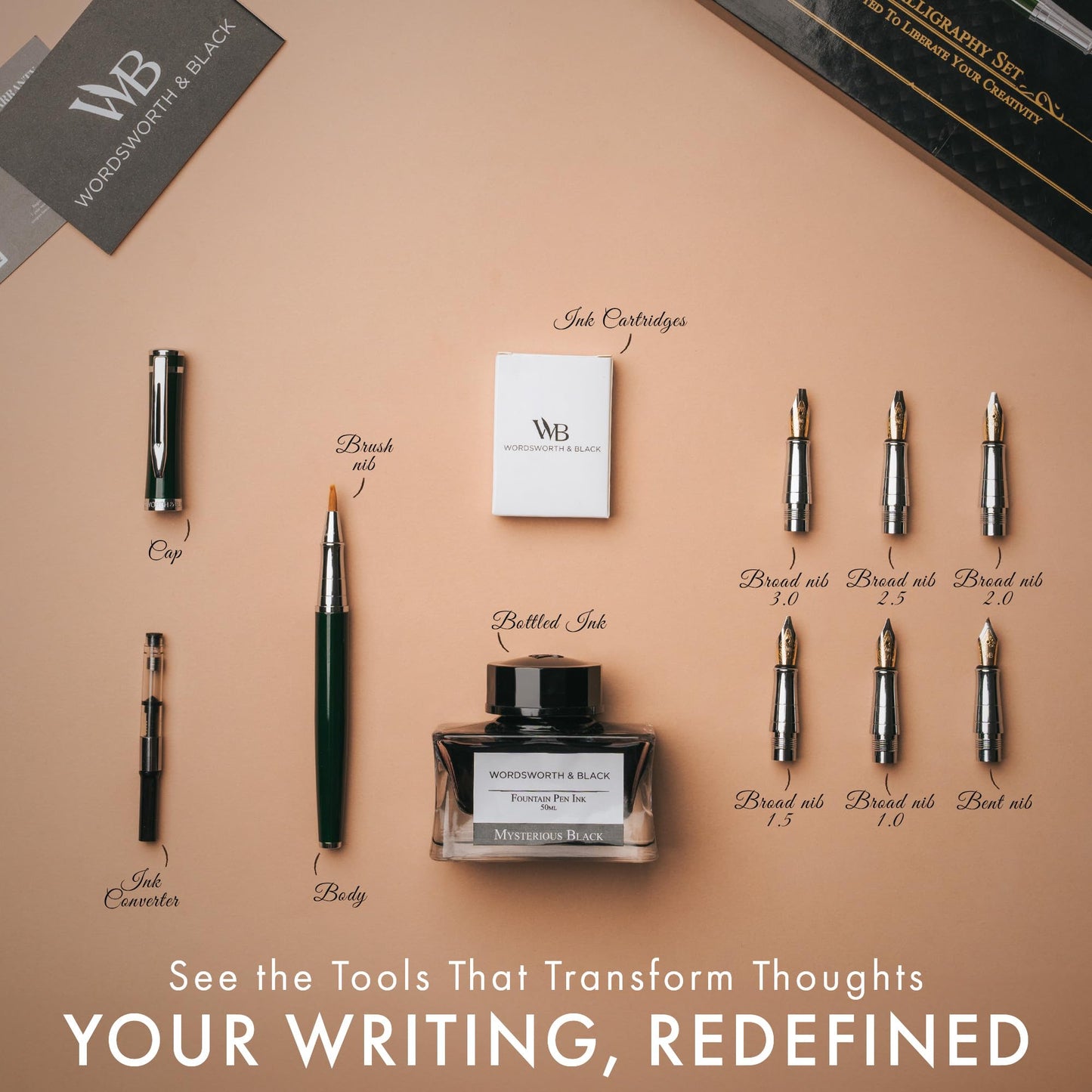 Wordsworth & Black Calligraphy Pen Gift Set, Includes Ink Bottle, 6 Ink Cartridges, Ink Refill Converter, 6 Replacement Nibs, Premium Package, Journaling, Smooth Writing Pens [Black Gold]