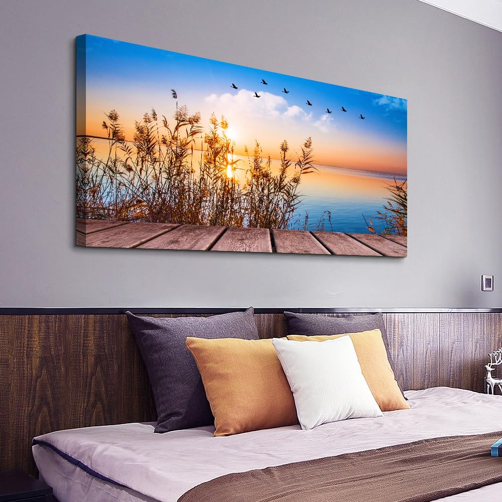 Wall Decorations For Living Room Large Canvas Wall Art For Bedroom Modern Fashion Office Wall Decor Pictures Wall Artwork Blue Sun Beach Grass Ocean Landscape Paintings Canvas Art Prints Home Decor