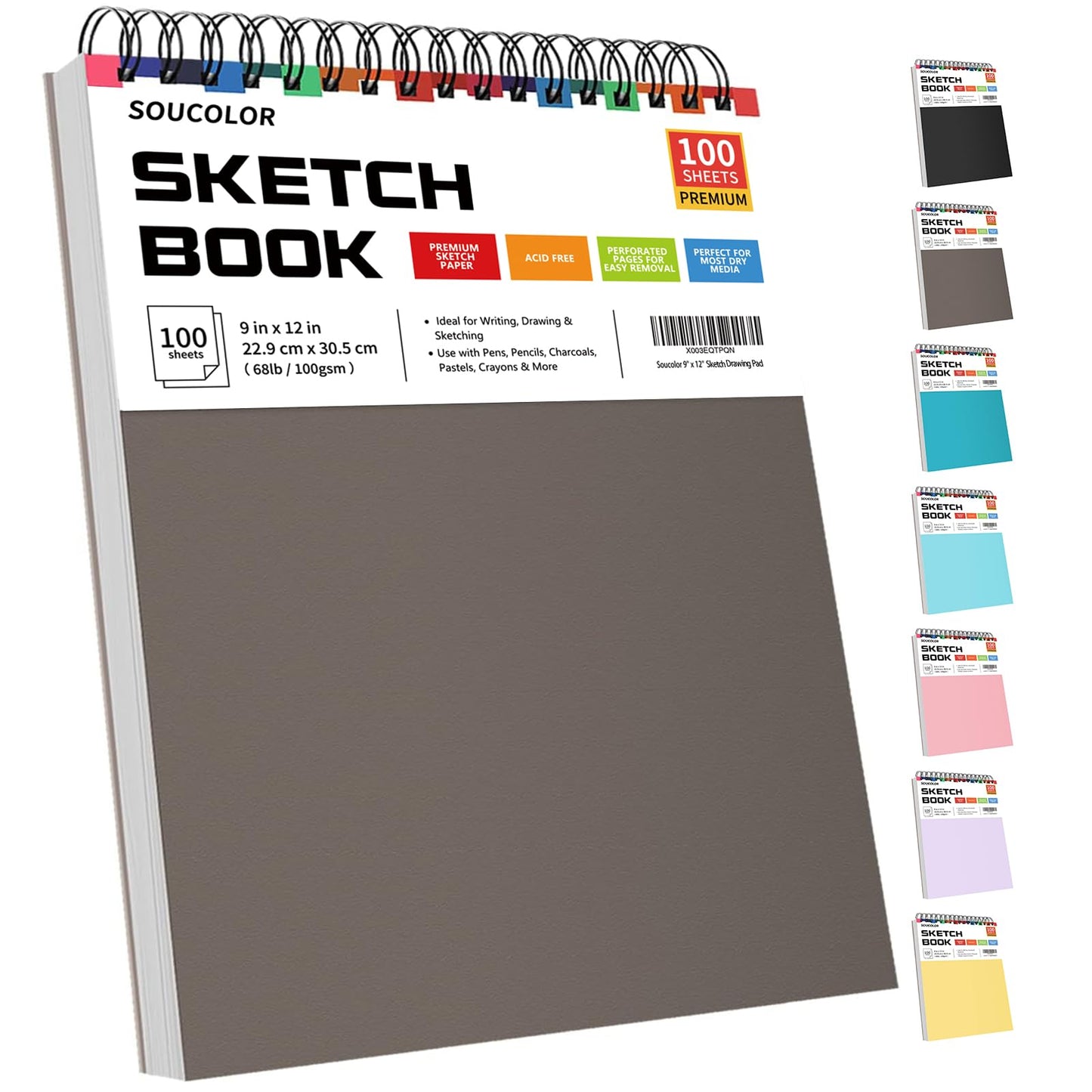 Soucolor 9" x 12" Sketch Book, 1-Pack 100 Sheets Spiral Bound Art Sketchbook, (68lb/100gsm) Acid Free Artist Drawing Book Paper Painting Sketching Pad for Kids Students Adults Beginners