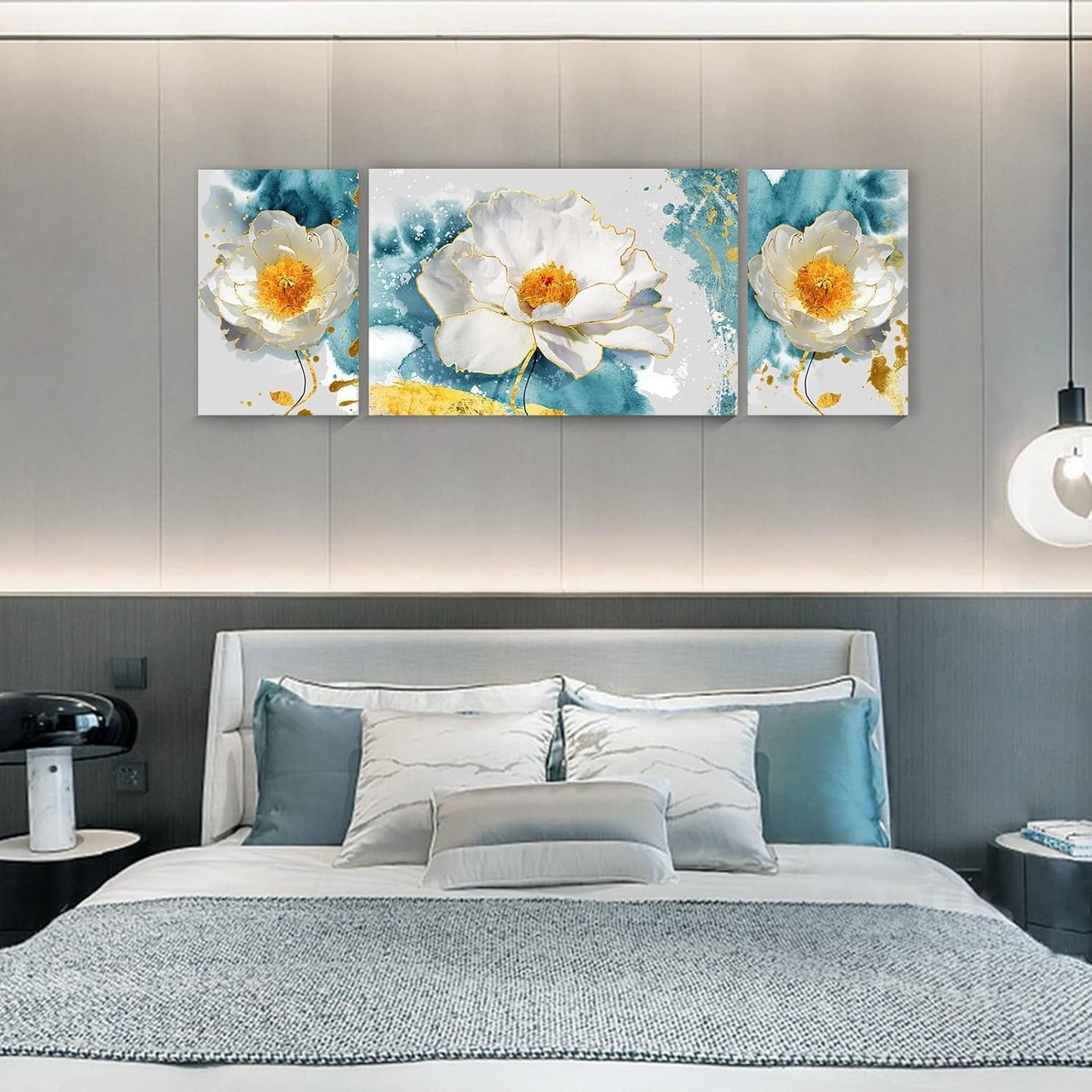 SERIMINO 3 Piece Lotus Flower Canvas Wall Art for Living Room White and Indigo Blue Floral Picture Wall Decor for Dining Room Bedroom Bathroom Kitchen Print Painting for Home Decorations