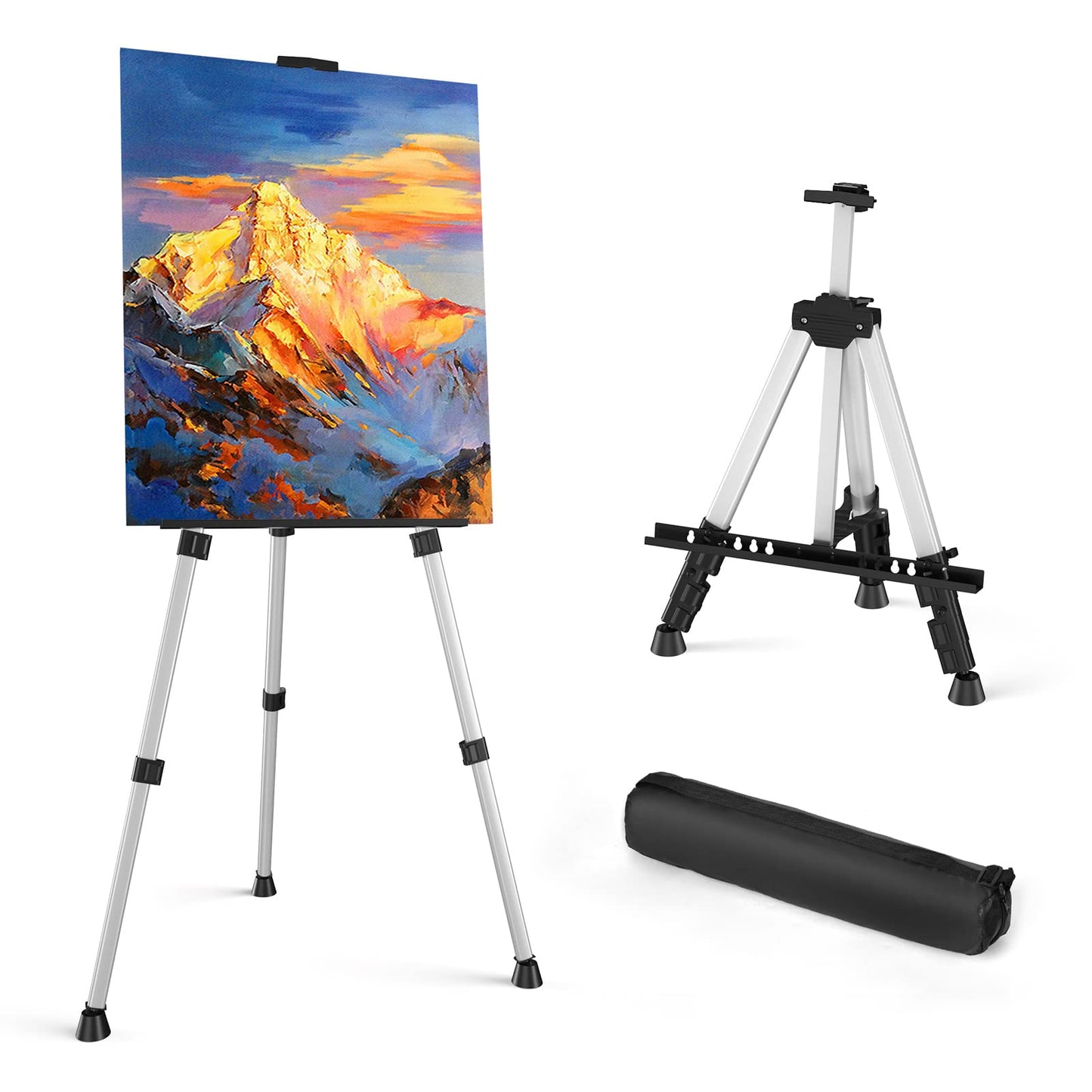 Art Painting Artist Easel Stand, Portable Adjustable Aluminum Metal Tripod Display Easel with Bag, Height from 17 to 66 inch for Table-Top/Floor Drawing and Displaying, Black